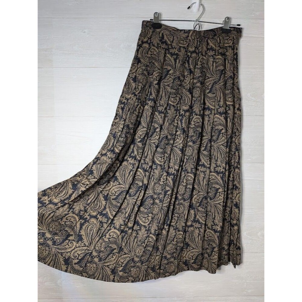 VINTAGE J.G Hook Paisley Midi Skirt Sz 10 Rayon Black Gold Pleated Dark Academia